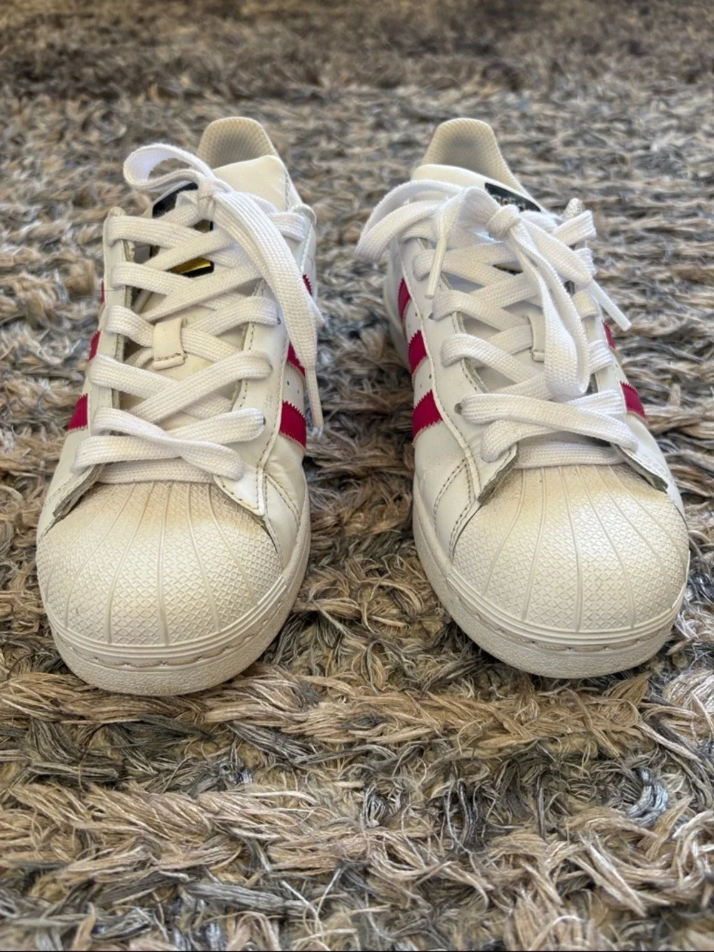 Adidas Superstar White Sneakers with Pink Stripes Fit Women’s 6